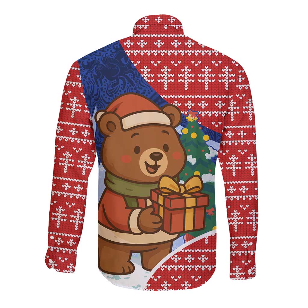 Russia Christmas Long Sleeve Button Shirt with Santa Bear Gift Box Christmas Tree and Red Snowflake - Wonder Print Shop