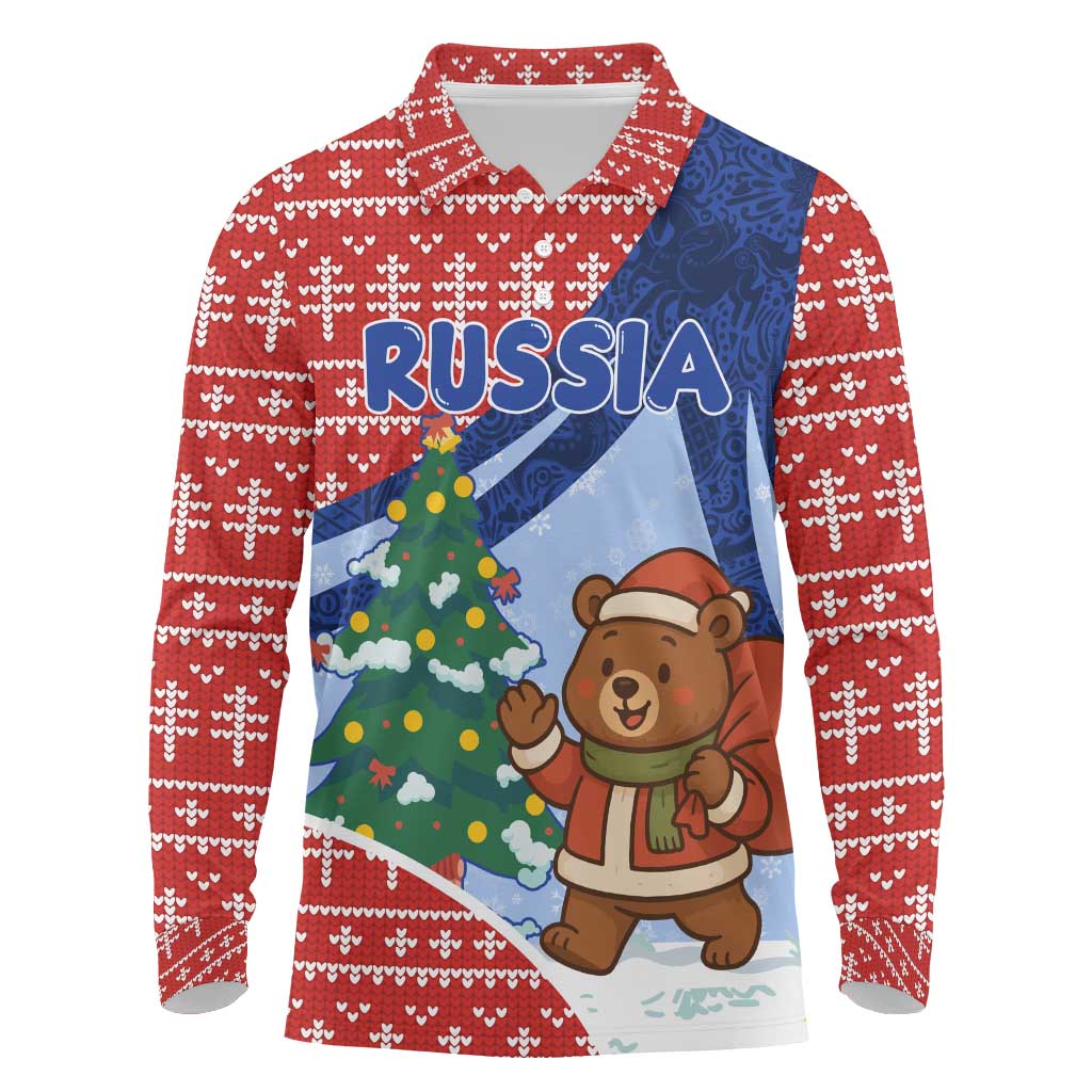 Russia Christmas Long Sleeve Polo Shirt with Santa Bear Gift Box Christmas Tree and Red Snowflake - Wonder Print Shop