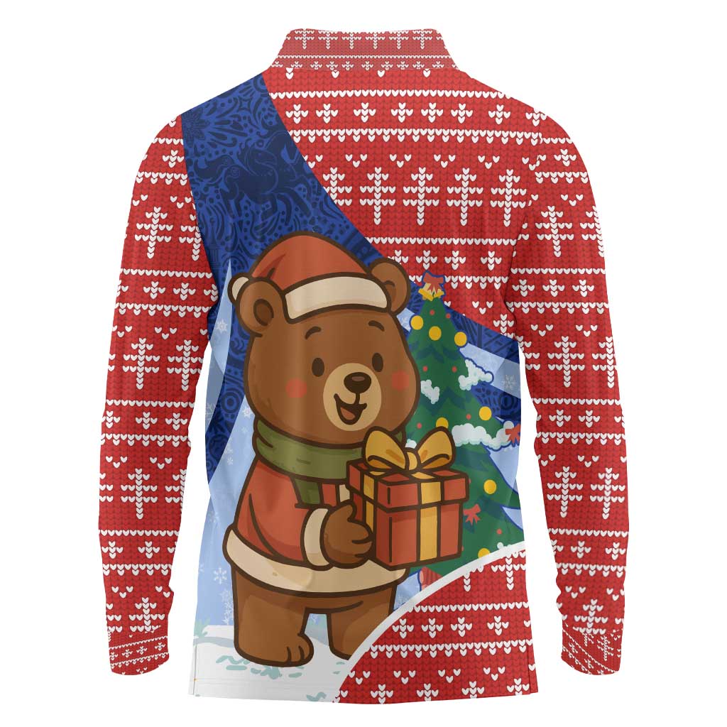 Russia Christmas Long Sleeve Polo Shirt with Santa Bear Gift Box Christmas Tree and Red Snowflake - Wonder Print Shop