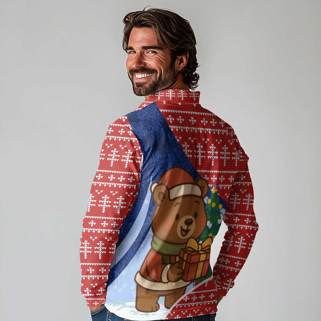 Russia Christmas Long Sleeve Polo Shirt with Santa Bear Gift Box Christmas Tree and Red Snowflake - Wonder Print Shop