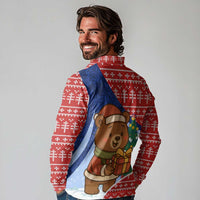 Russia Christmas Long Sleeve Polo Shirt with Santa Bear Gift Box Christmas Tree and Red Snowflake - Wonder Print Shop