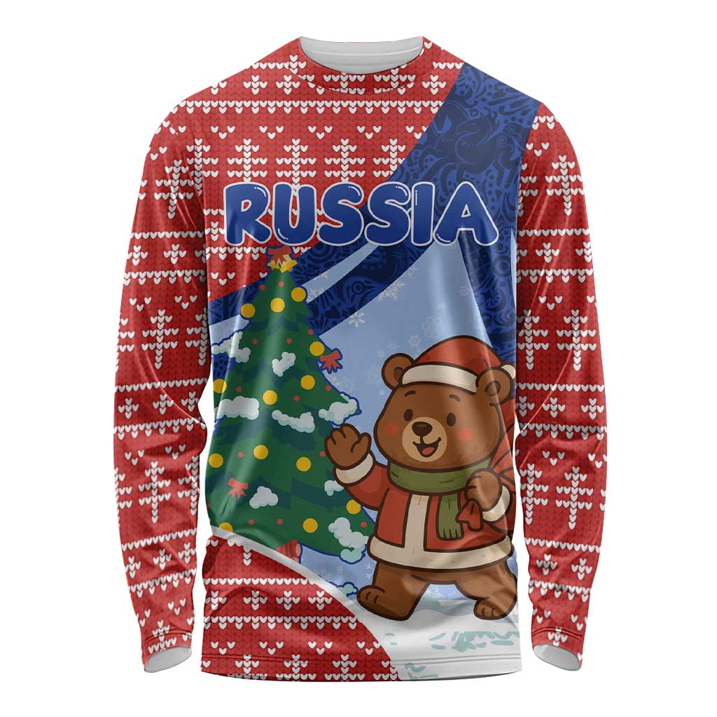 Russia Christmas Long Sleeve Shirt with Santa Bear Gift Box Christmas Tree and Red Snowflake - Wonder Print Shop
