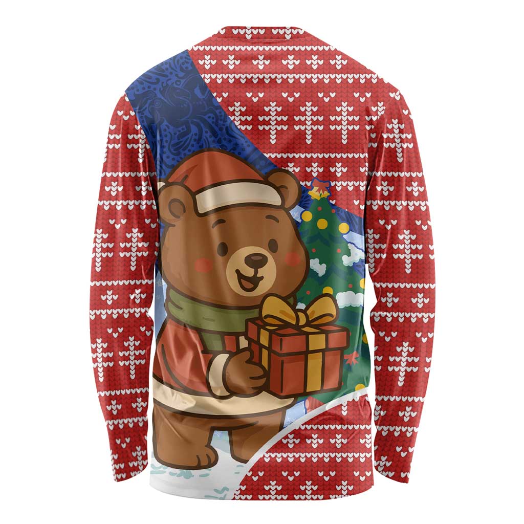 Russia Christmas Long Sleeve Shirt with Santa Bear Gift Box Christmas Tree and Red Snowflake - Wonder Print Shop