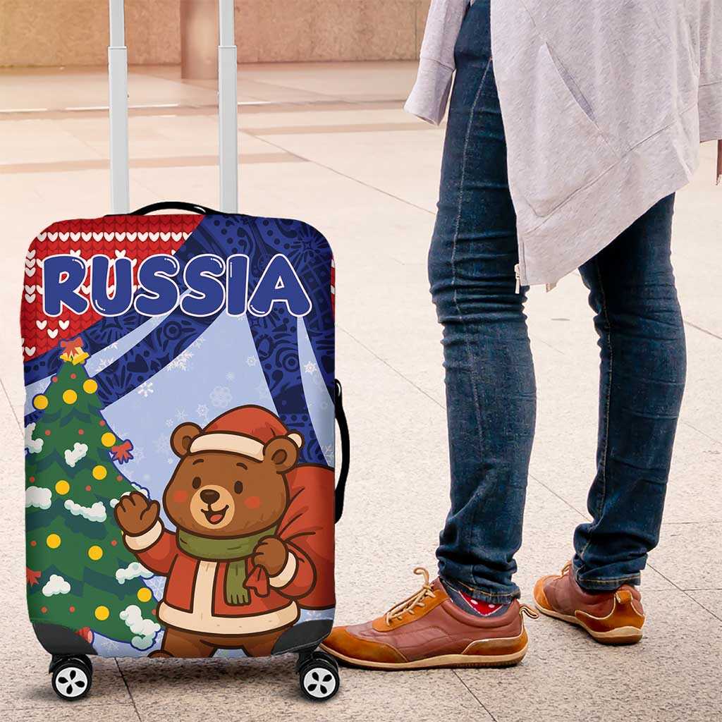 Russia Christmas Luggage Cover with Santa Bear Gift Box Christmas Tree and Red Snowflake - Wonder Print Shop