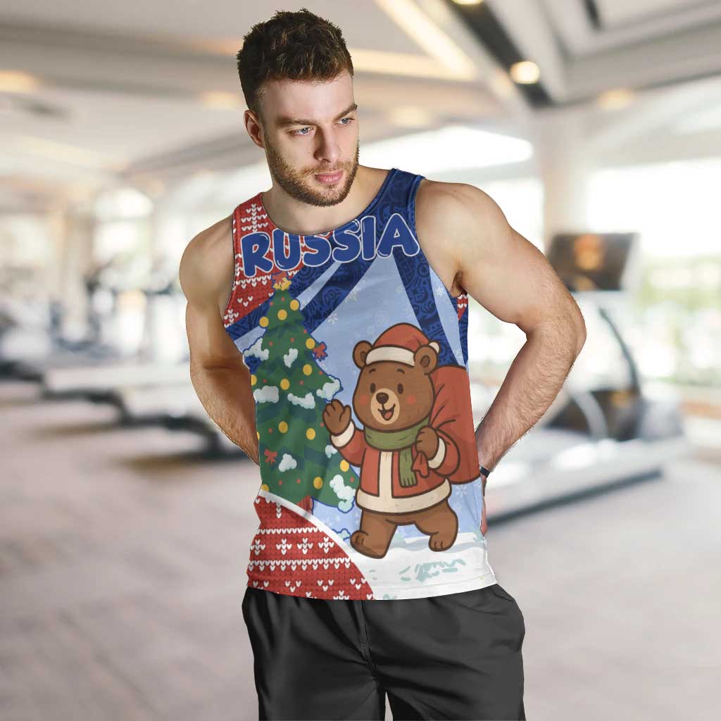 Russia Christmas Men Tank Top with Santa Bear Gift Box Christmas Tree and Red Snowflake - Wonder Print Shop