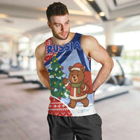 Russia Christmas Men Tank Top with Santa Bear Gift Box Christmas Tree and Red Snowflake - Wonder Print Shop