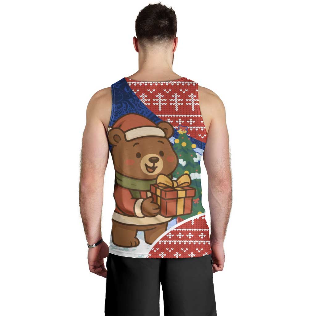 Russia Christmas Men Tank Top with Santa Bear Gift Box Christmas Tree and Red Snowflake - Wonder Print Shop