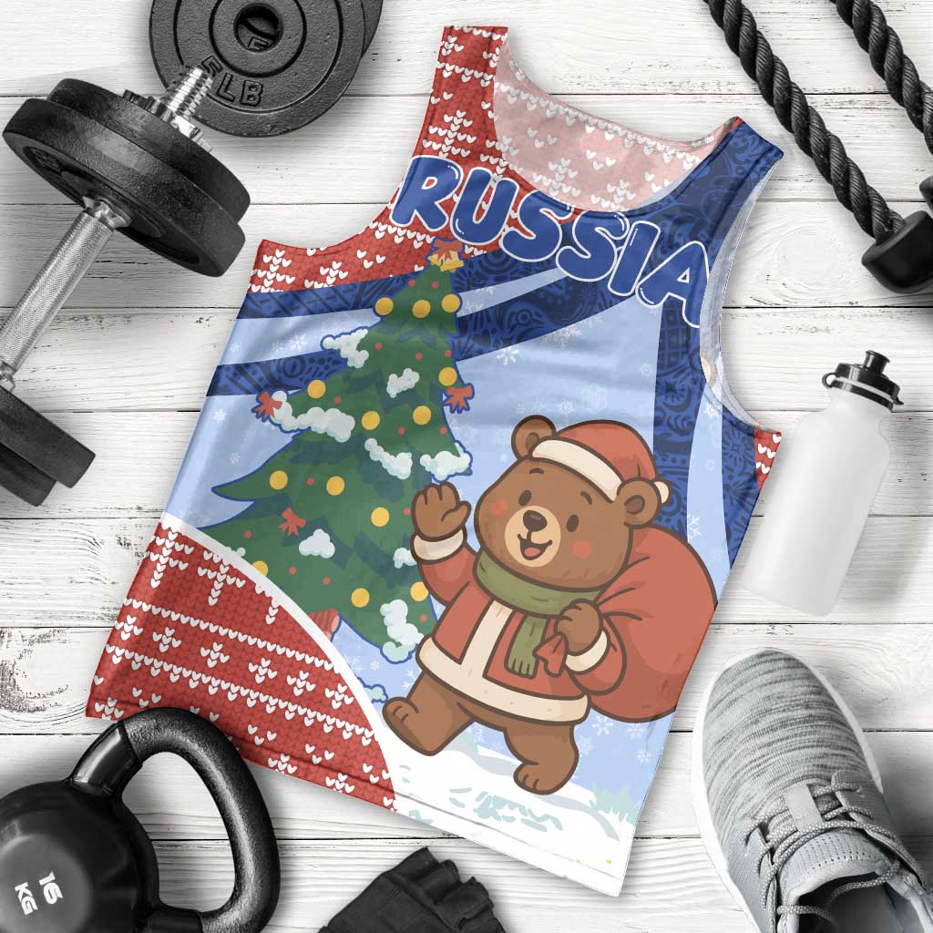 Russia Christmas Men Tank Top with Santa Bear Gift Box Christmas Tree and Red Snowflake - Wonder Print Shop