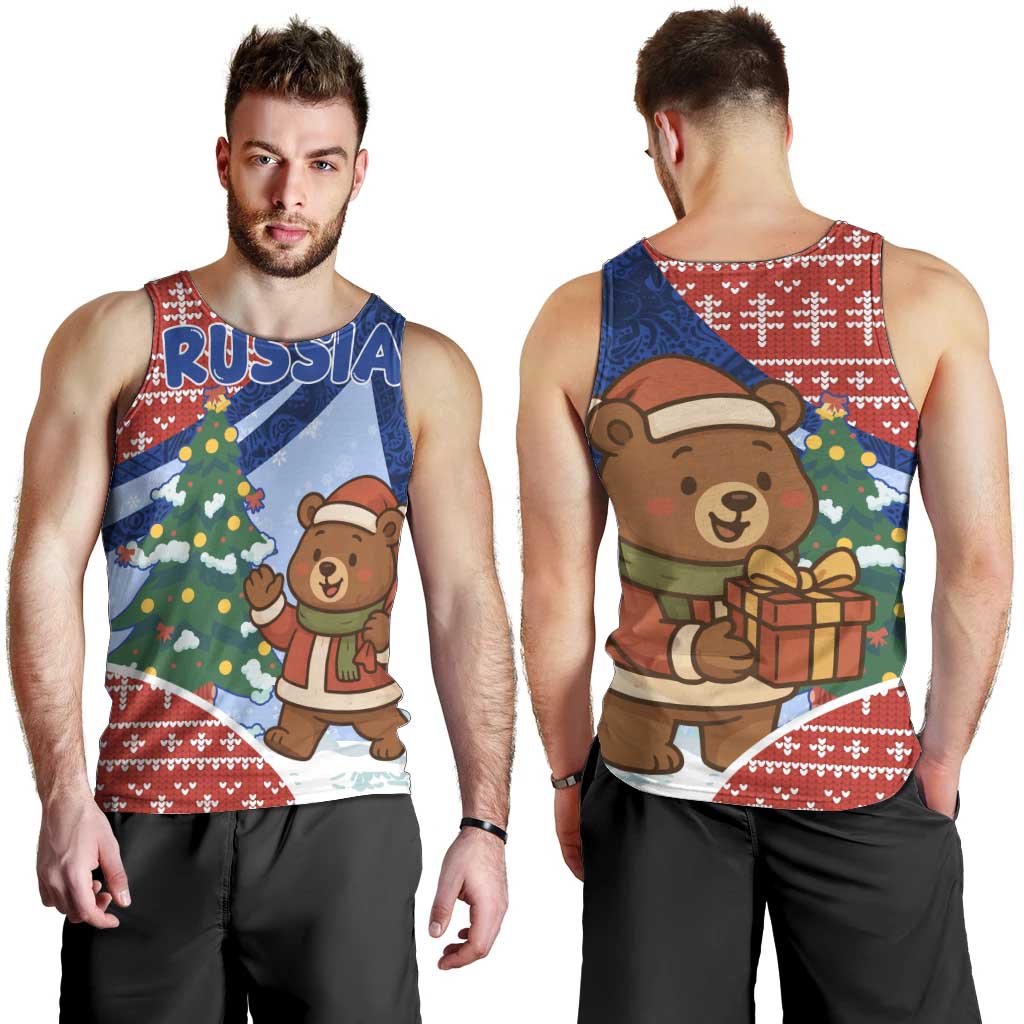 Russia Christmas Men Tank Top with Santa Bear Gift Box Christmas Tree and Red Snowflake - Wonder Print Shop