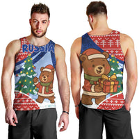 Russia Christmas Men Tank Top with Santa Bear Gift Box Christmas Tree and Red Snowflake - Wonder Print Shop