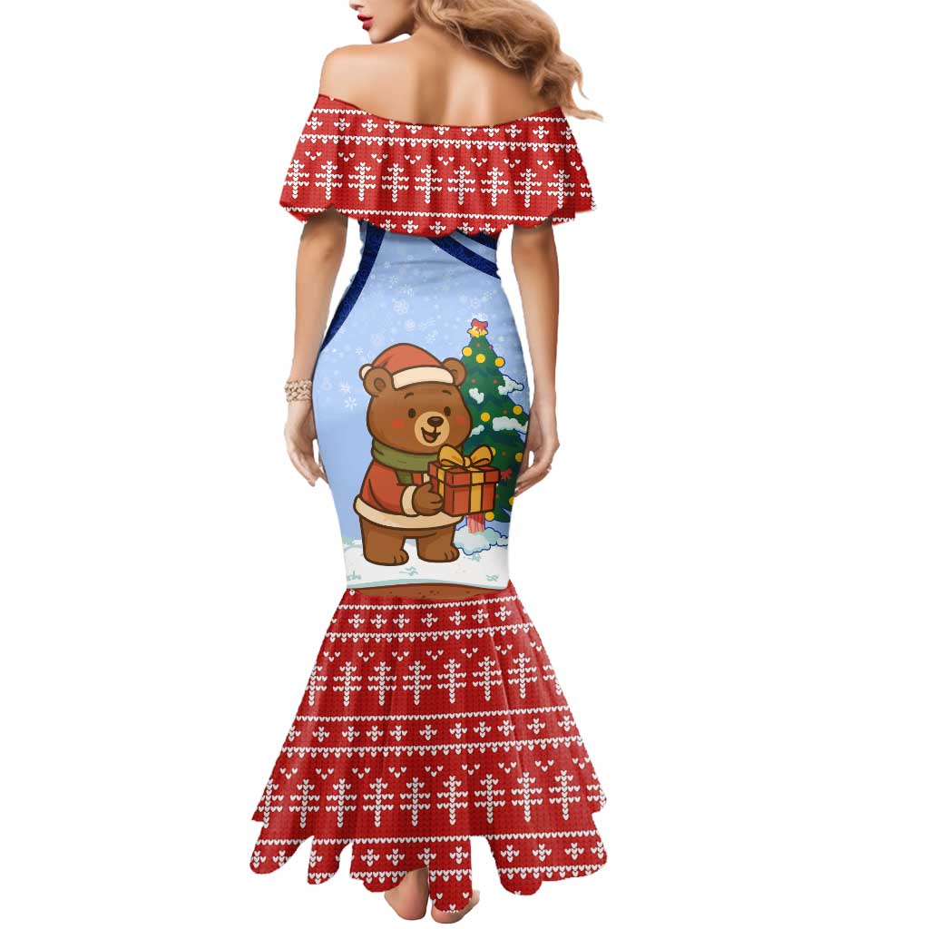 Russia Christmas Mermaid Dress with Santa Bear Gift Box Christmas Tree and Red Snowflake - Wonder Print Shop