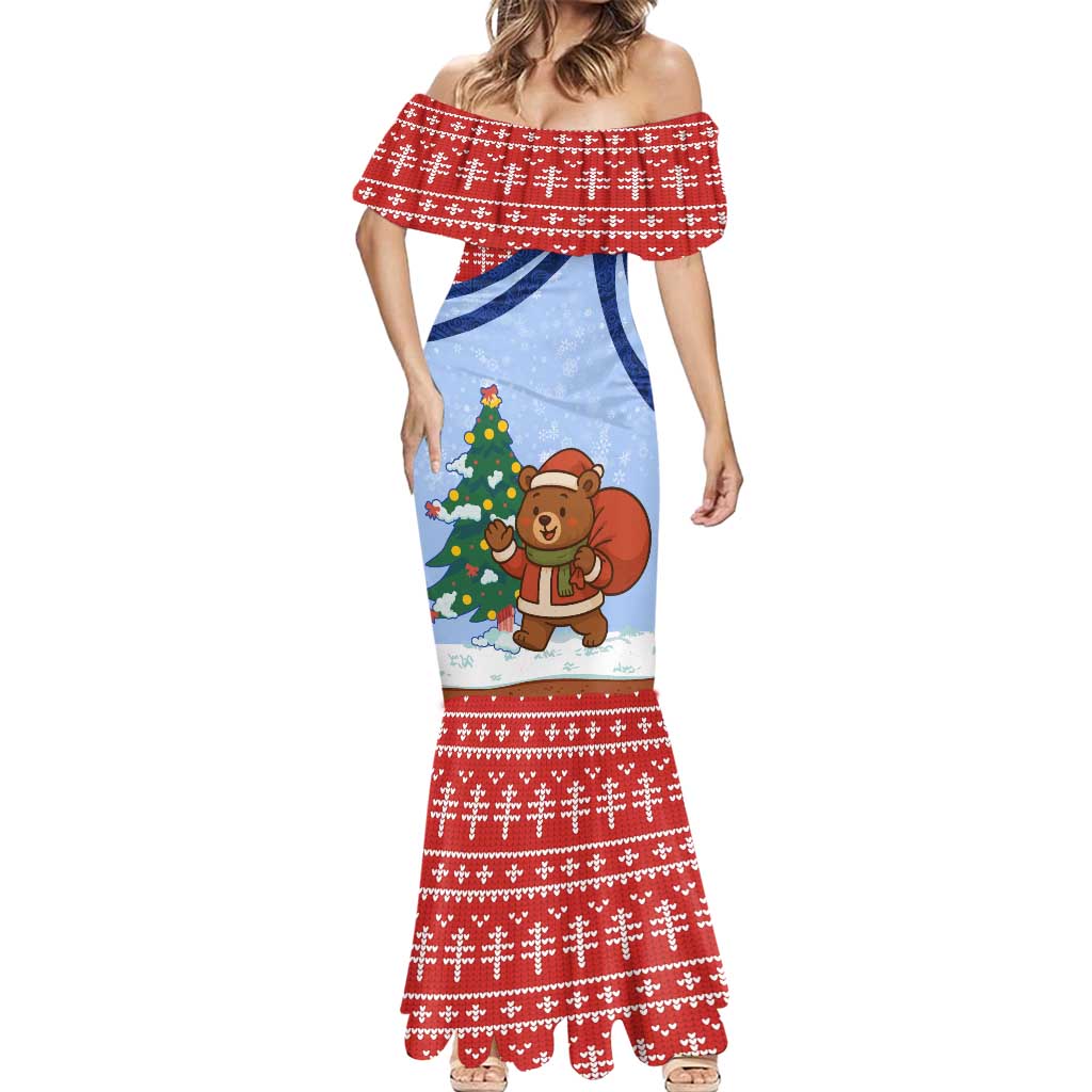 Russia Christmas Mermaid Dress with Santa Bear Gift Box Christmas Tree and Red Snowflake - Wonder Print Shop