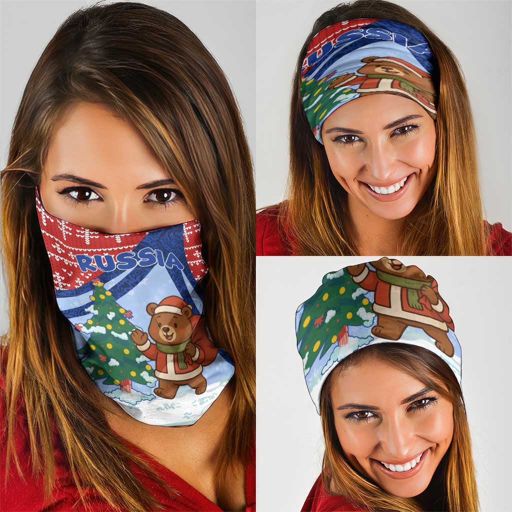 Russia Christmas Neck Gaiter with Santa Bear Gift Box Christmas Tree and Red Snowflake - Wonder Print Shop