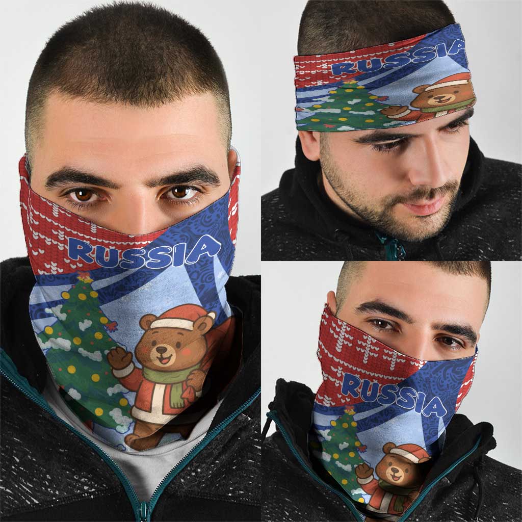 Russia Christmas Neck Gaiter with Santa Bear Gift Box Christmas Tree and Red Snowflake - Wonder Print Shop