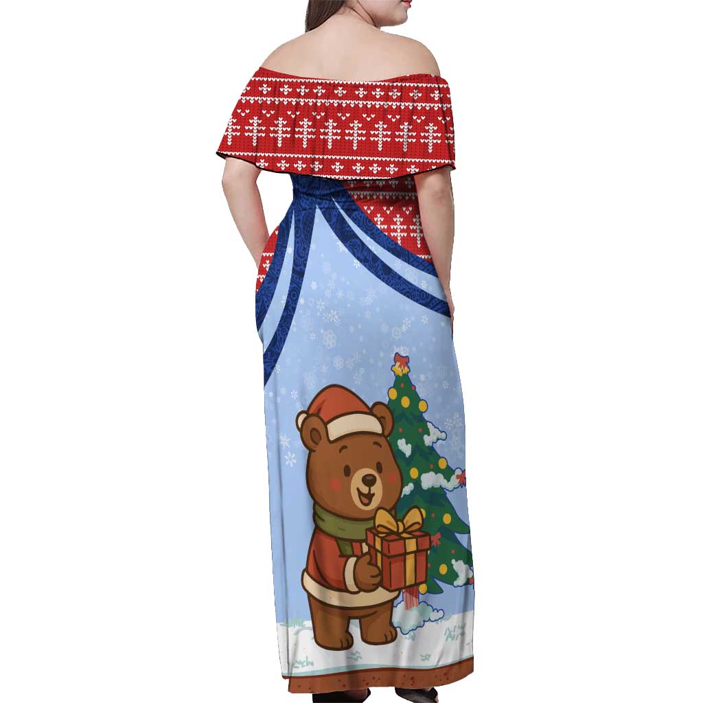 Russia Christmas Off Shoulder Maxi Dress with Santa Bear Gift Box Christmas Tree and Red Snowflake - Wonder Print Shop