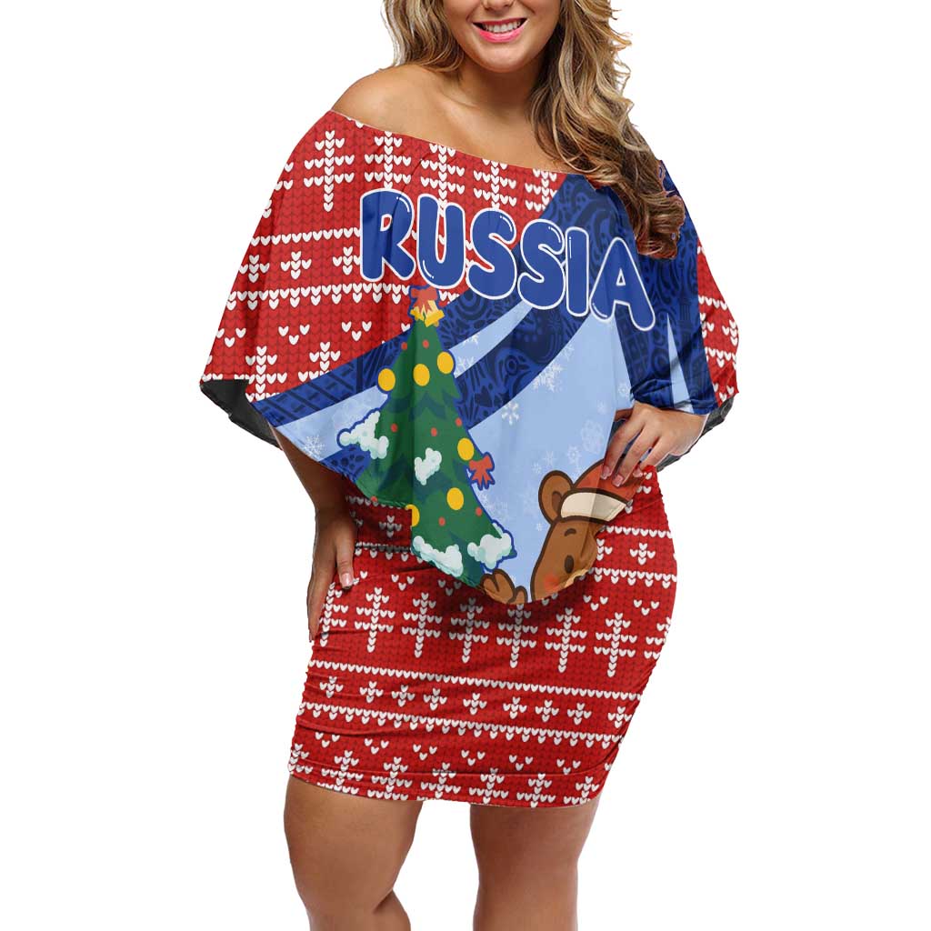 Russia Christmas Off Shoulder Short Dress with Santa Bear Gift Box Christmas Tree and Red Snowflake - Wonder Print Shop