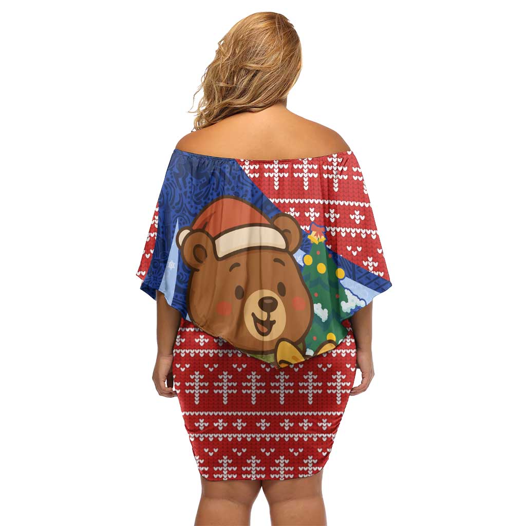Russia Christmas Off Shoulder Short Dress with Santa Bear Gift Box Christmas Tree and Red Snowflake - Wonder Print Shop