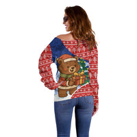 Russia Christmas Off Shoulder Sweater with Santa Bear Gift Box Christmas Tree and Red Snowflake - Wonder Print Shop