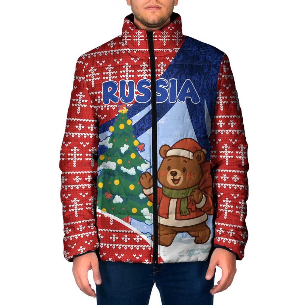 Russia Christmas Padded Jacket with Santa Bear Gift Box Christmas Tree and Red Snowflake - Wonder Print Shop