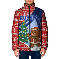 Russia Christmas Padded Jacket with Santa Bear Gift Box Christmas Tree and Red Snowflake - Wonder Print Shop