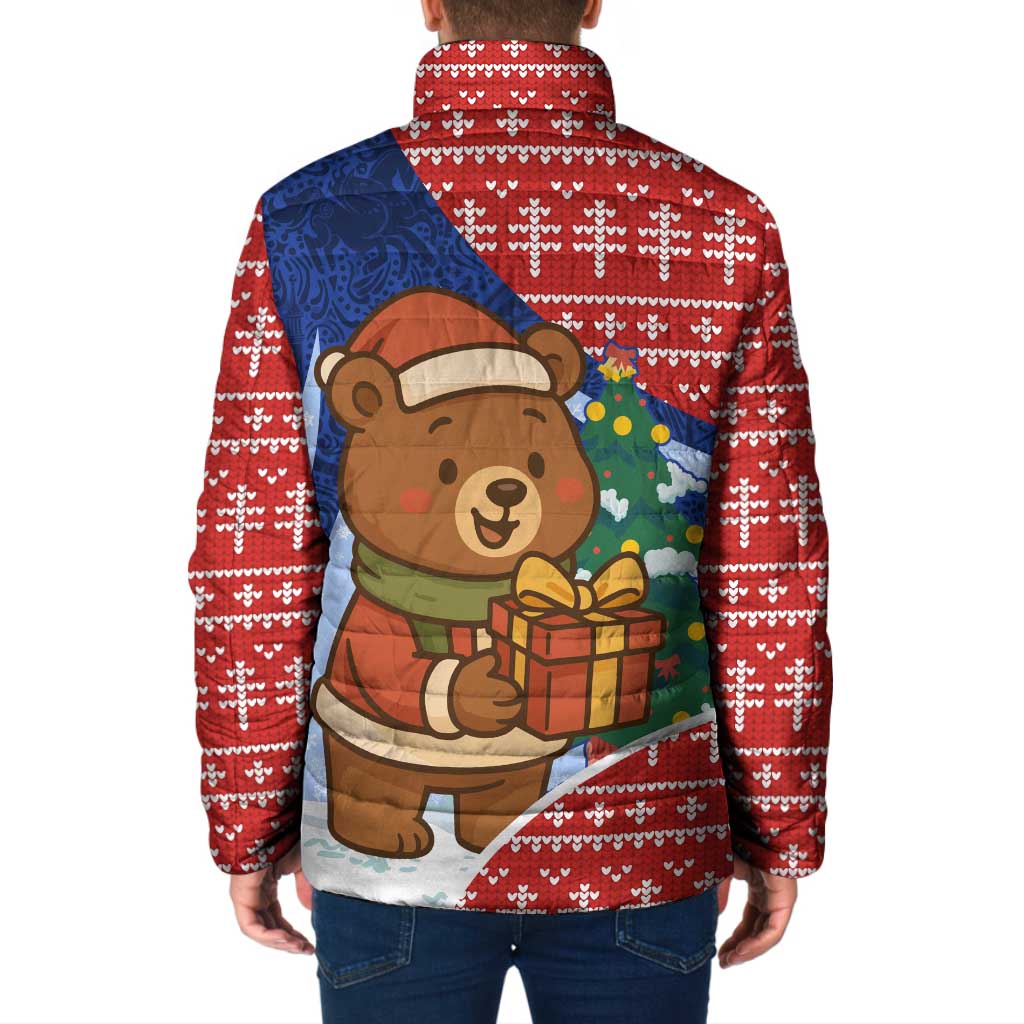 Russia Christmas Padded Jacket with Santa Bear Gift Box Christmas Tree and Red Snowflake - Wonder Print Shop