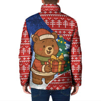 Russia Christmas Padded Jacket with Santa Bear Gift Box Christmas Tree and Red Snowflake - Wonder Print Shop