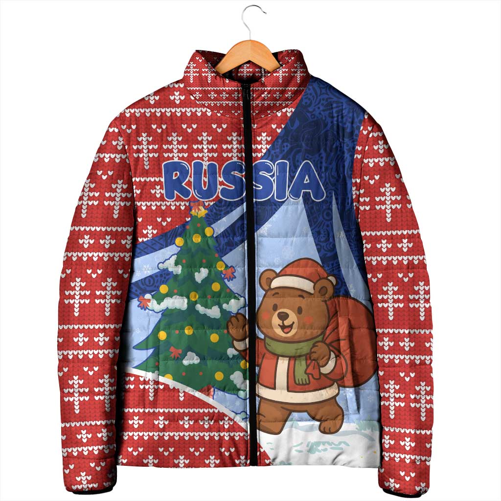 Russia Christmas Padded Jacket with Santa Bear Gift Box Christmas Tree and Red Snowflake - Wonder Print Shop
