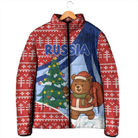 Russia Christmas Padded Jacket with Santa Bear Gift Box Christmas Tree and Red Snowflake - Wonder Print Shop