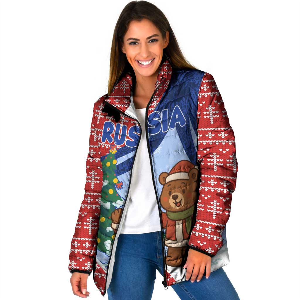 Russia Christmas Padded Jacket with Santa Bear Gift Box Christmas Tree and Red Snowflake - Wonder Print Shop