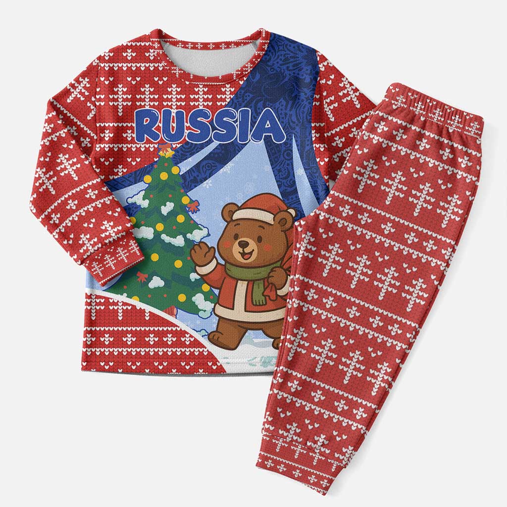 Russia Christmas Pajama Set with Santa Bear Gift Box Christmas Tree and Red Snowflake - Wonder Print Shop