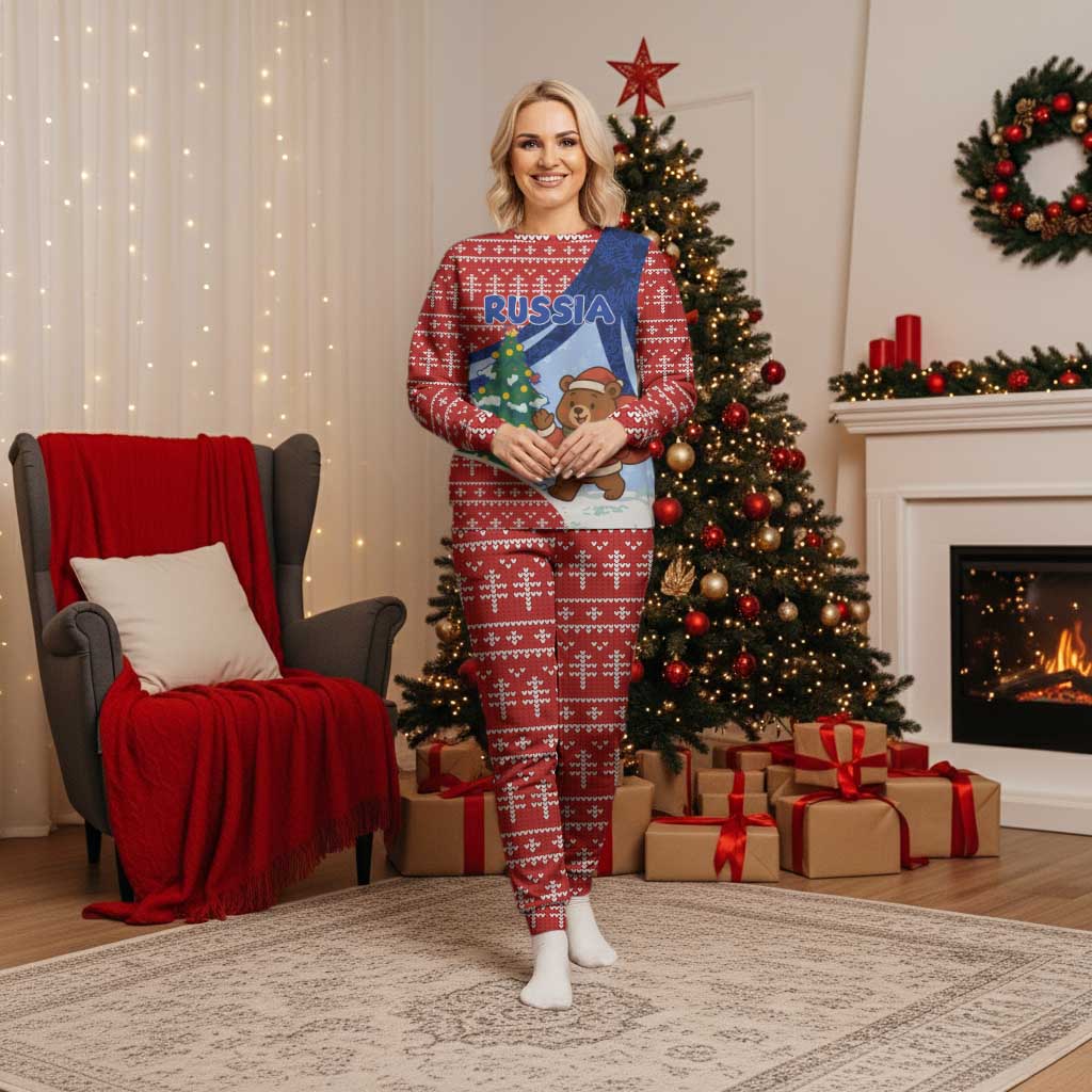 Russia Christmas Pajama Set with Santa Bear Gift Box Christmas Tree and Red Snowflake - Wonder Print Shop