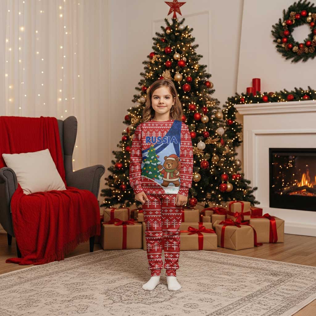 Russia Christmas Pajama Set with Santa Bear Gift Box Christmas Tree and Red Snowflake - Wonder Print Shop