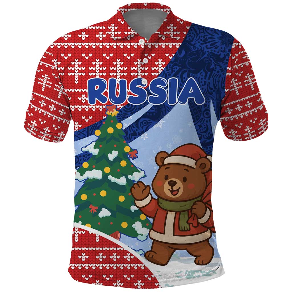 Russia Christmas Polo Shirt with Santa Bear Gift Box Christmas Tree and Red Snowflake - Wonder Print Shop