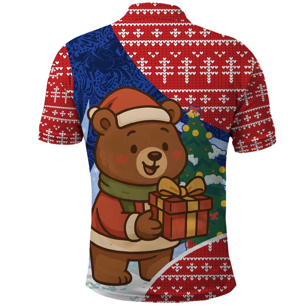 Russia Christmas Polo Shirt with Santa Bear Gift Box Christmas Tree and Red Snowflake - Wonder Print Shop