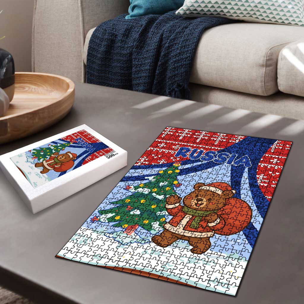 Russia Christmas Puzzle with Santa Bear Gift Box Christmas Tree and Red Snowflake - Wonder Print Shop
