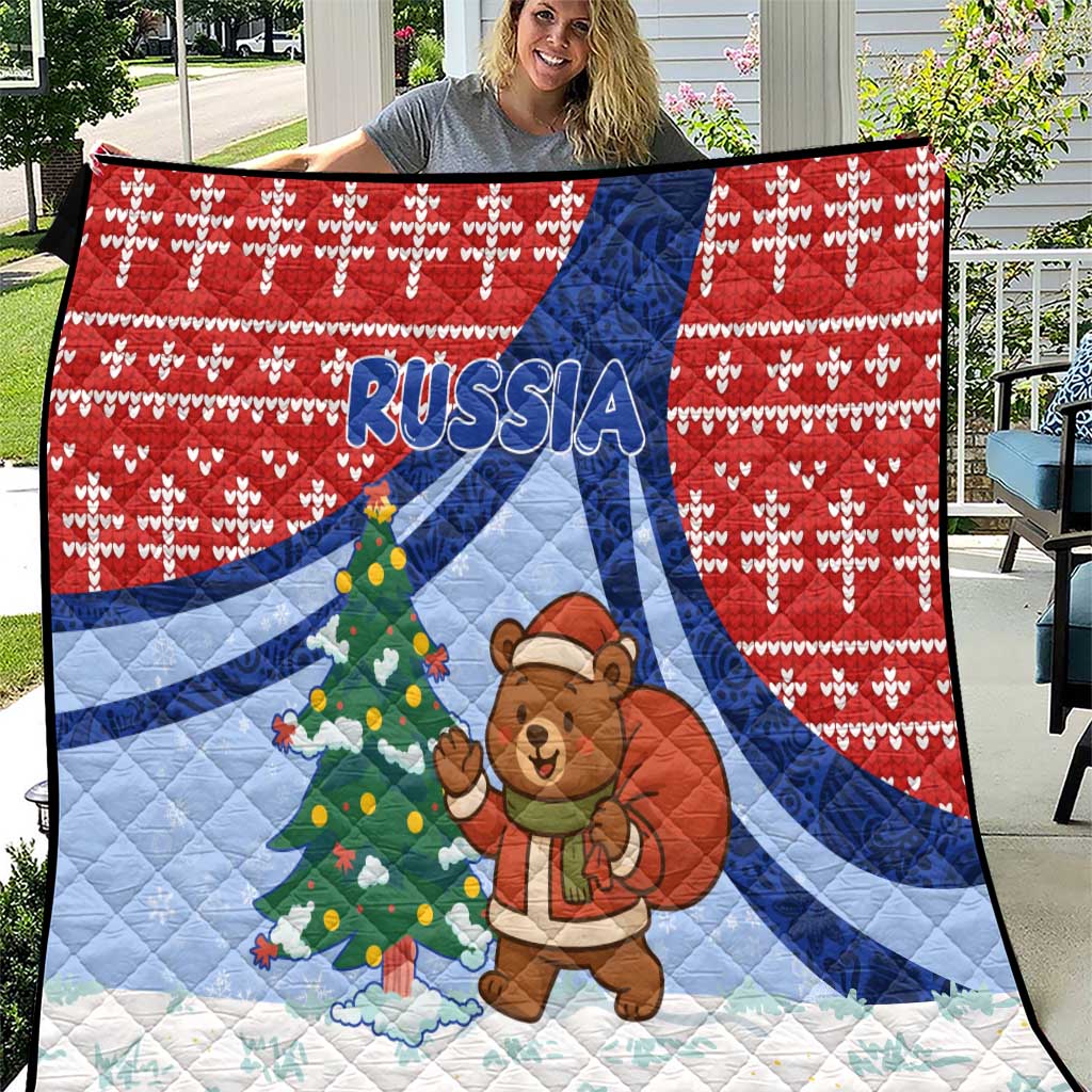 Russia Christmas Quilt with Santa Bear Gift Box Christmas Tree and Red Snowflake - Wonder Print Shop