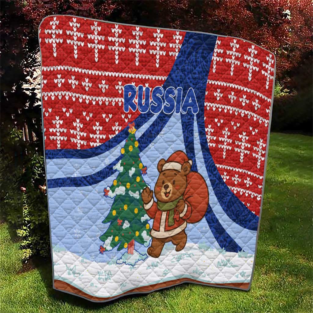 Russia Christmas Quilt with Santa Bear Gift Box Christmas Tree and Red Snowflake - Wonder Print Shop