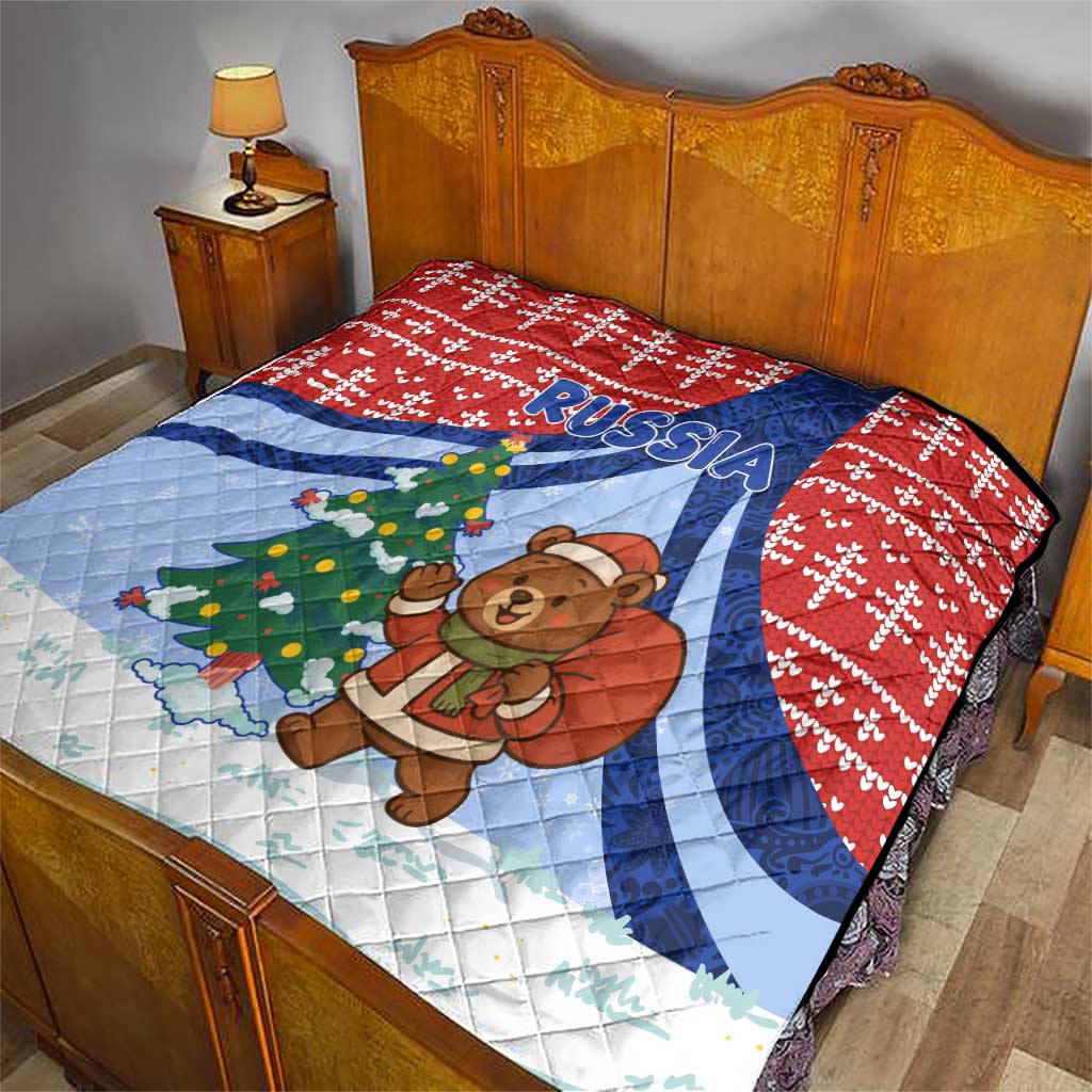 Russia Christmas Quilt with Santa Bear Gift Box Christmas Tree and Red Snowflake - Wonder Print Shop