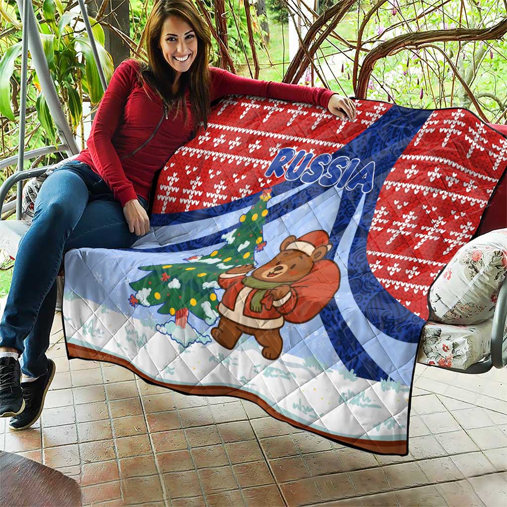 Russia Christmas Quilt with Santa Bear Gift Box Christmas Tree and Red Snowflake - Wonder Print Shop