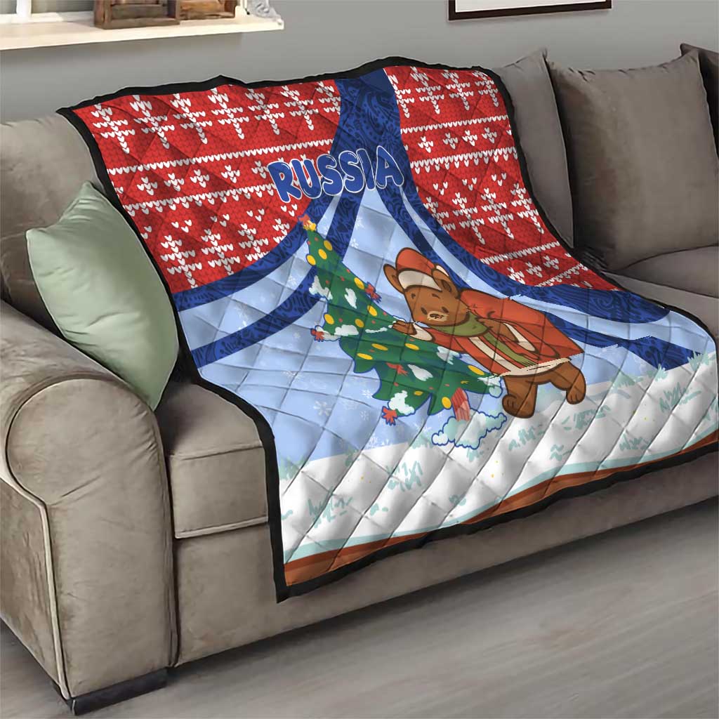 Russia Christmas Quilt with Santa Bear Gift Box Christmas Tree and Red Snowflake - Wonder Print Shop