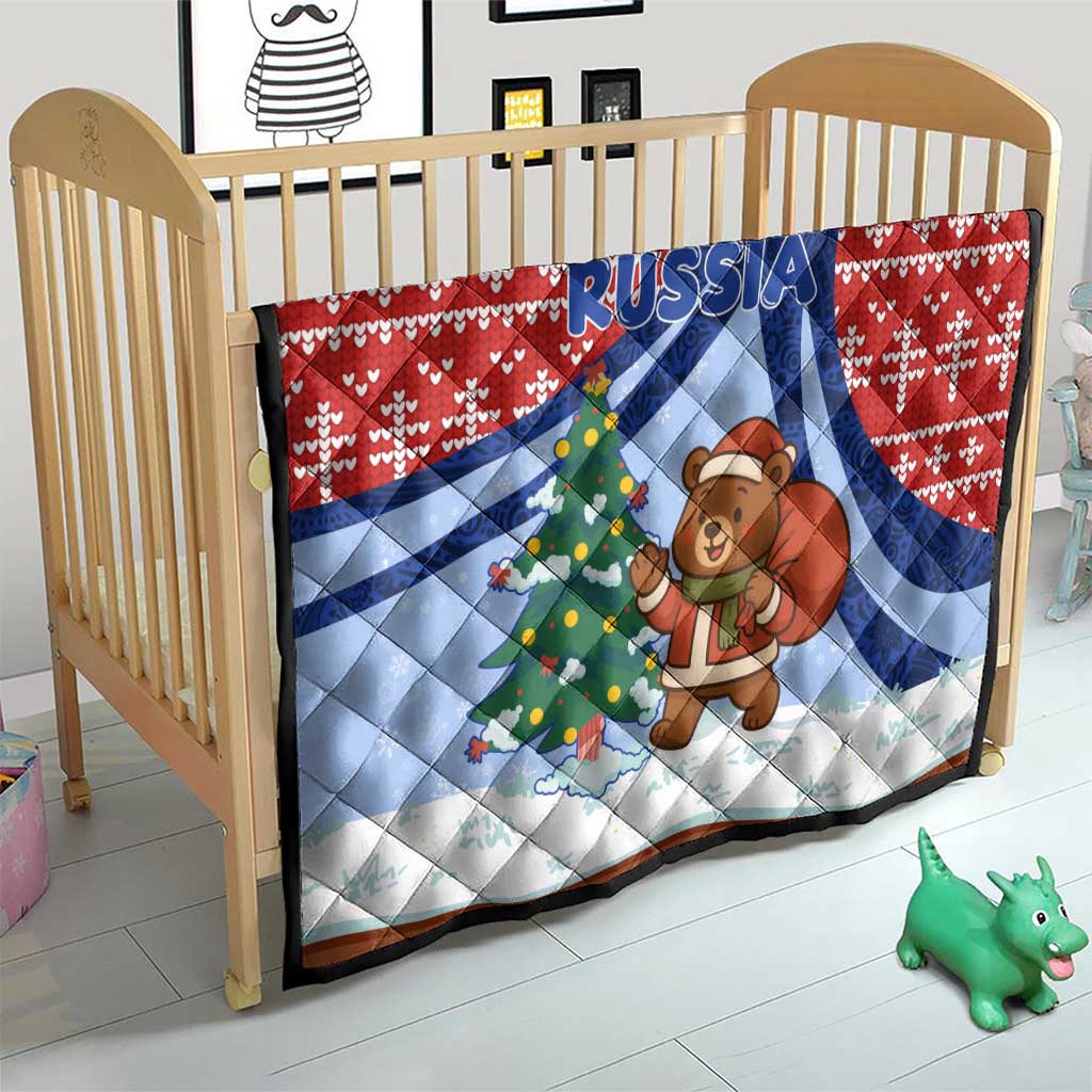 Russia Christmas Quilt with Santa Bear Gift Box Christmas Tree and Red Snowflake - Wonder Print Shop