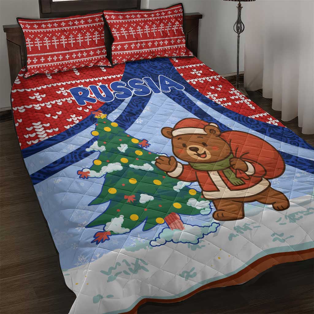Russia Christmas Quilt Bed Set with Santa Bear Gift Box Christmas Tree and Red Snowflake - Wonder Print Shop