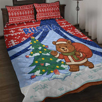 Russia Christmas Quilt Bed Set with Santa Bear Gift Box Christmas Tree and Red Snowflake - Wonder Print Shop