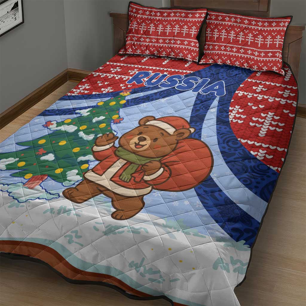 Russia Christmas Quilt Bed Set with Santa Bear Gift Box Christmas Tree and Red Snowflake - Wonder Print Shop