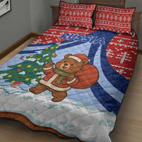 Russia Christmas Quilt Bed Set with Santa Bear Gift Box Christmas Tree and Red Snowflake - Wonder Print Shop
