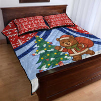 Russia Christmas Quilt Bed Set with Santa Bear Gift Box Christmas Tree and Red Snowflake - Wonder Print Shop
