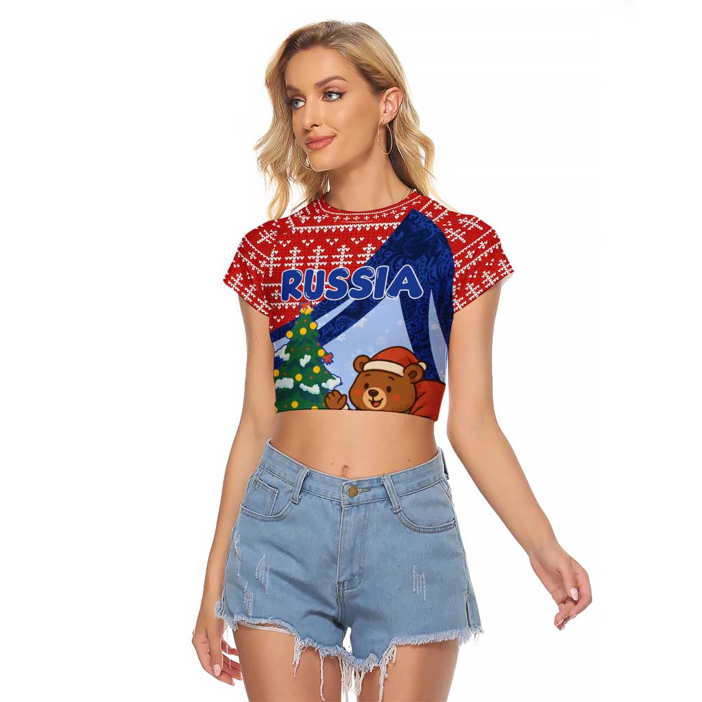 Russia Christmas Raglan Cropped T Shirt with Santa Bear Gift Box Christmas Tree and Red Snowflake - Wonder Print Shop