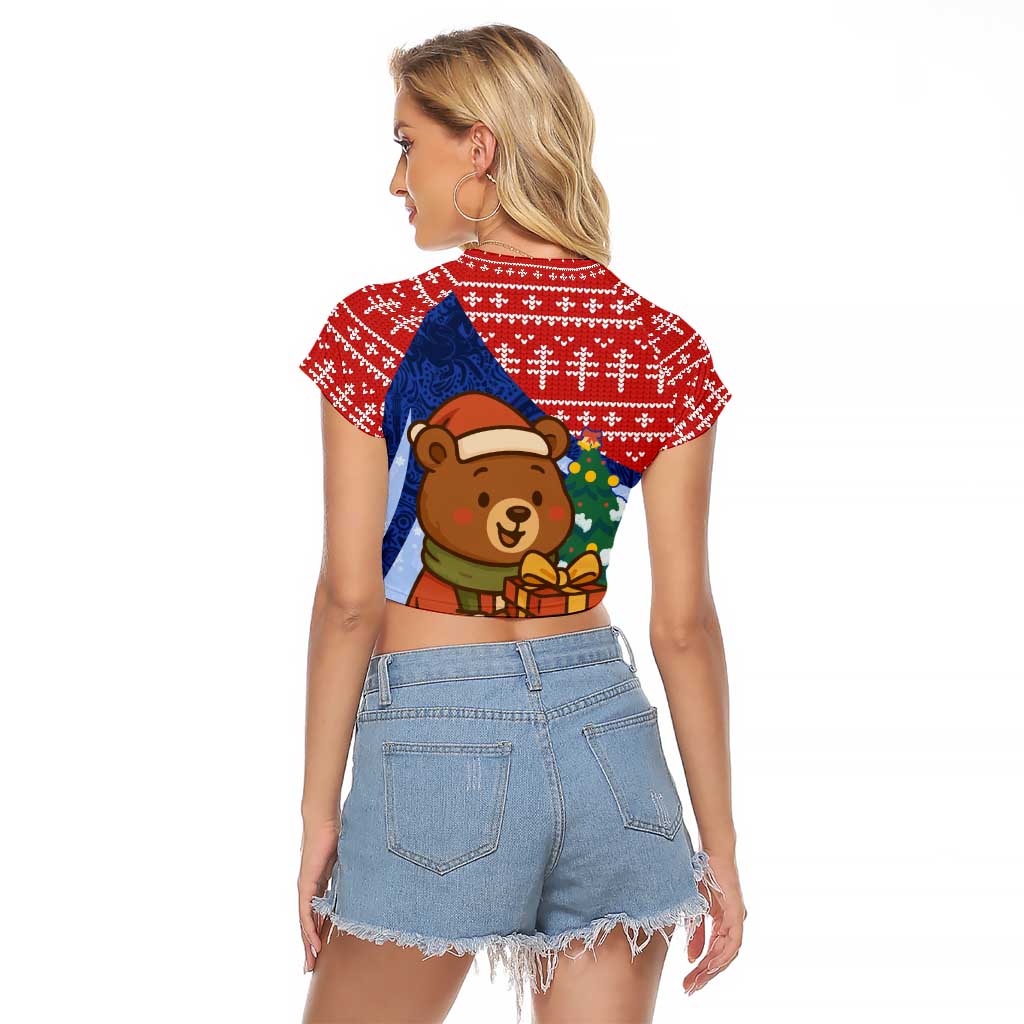 Russia Christmas Raglan Cropped T Shirt with Santa Bear Gift Box Christmas Tree and Red Snowflake - Wonder Print Shop