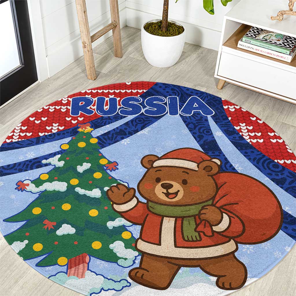 Russia Christmas Round Carpet with Santa Bear Gift Box Christmas Tree and Red Snowflake - Wonder Print Shop