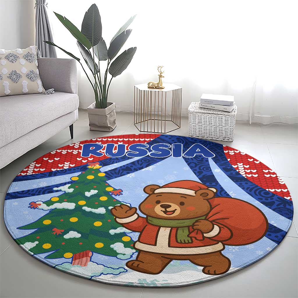 Russia Christmas Round Carpet with Santa Bear Gift Box Christmas Tree and Red Snowflake - Wonder Print Shop